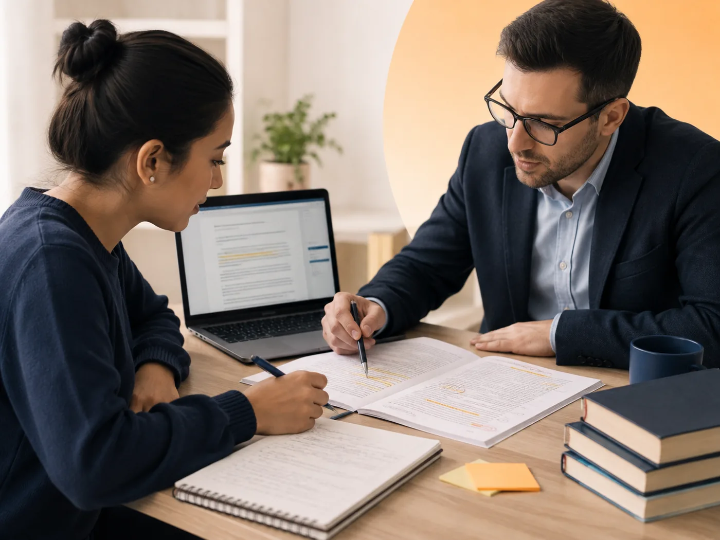 Asesora revisando junto a una estudiante un documento impreso con anotaciones